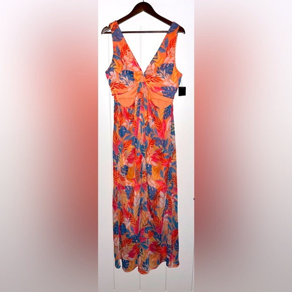 Guess O-Ring Chiffon Elegant Orange Floral Women 14 Midi Dress Resortwear NEW‎ - Picture 1 of 13